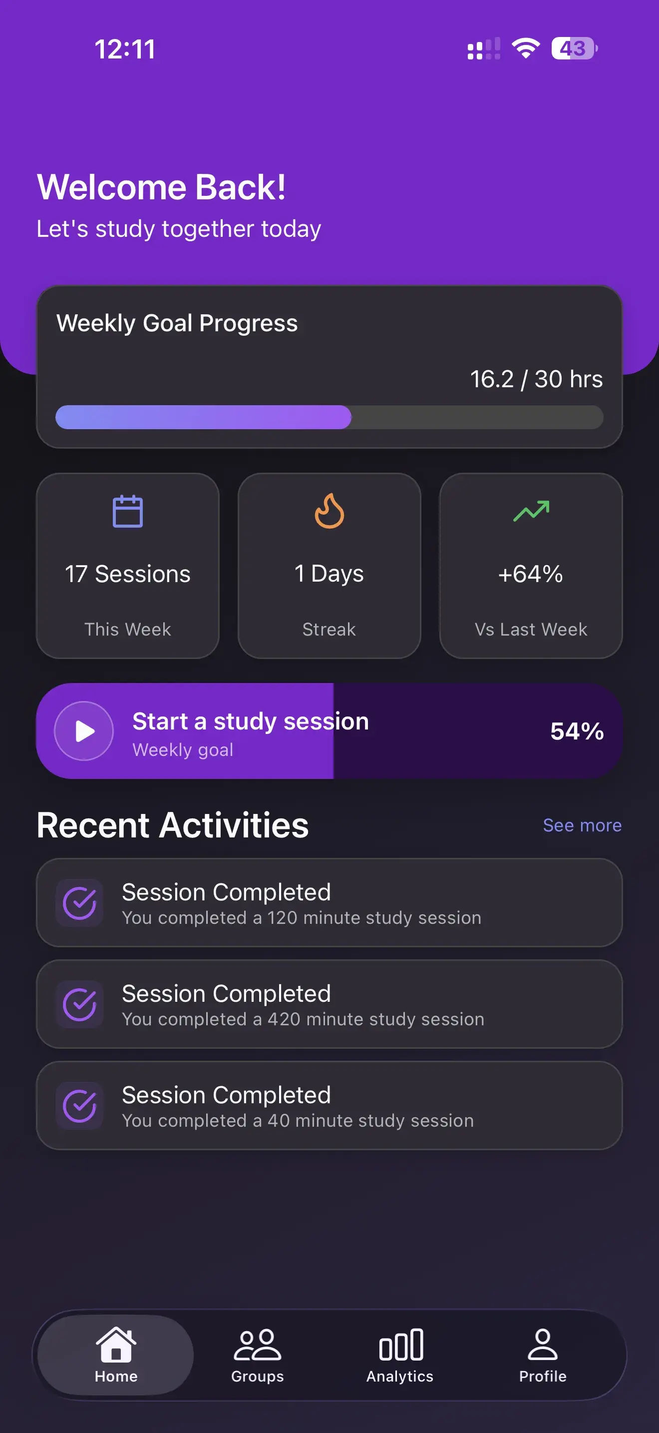 The Nuthakr app's home screen: weekly goal progress, a study streak, and recent sessions