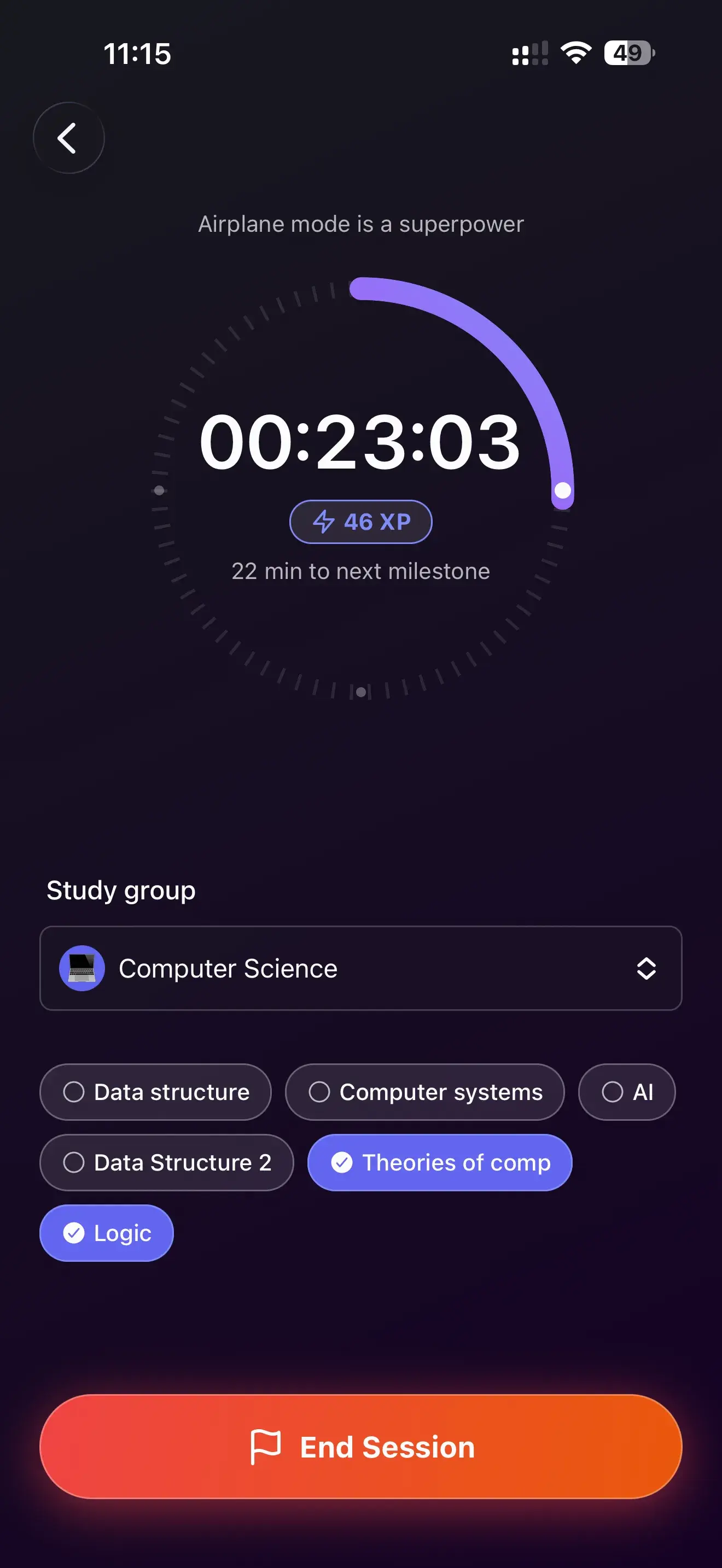 A running Nuthakr study session: a 23-minute timer, 46 XP earned, and the Computer Science study group selected